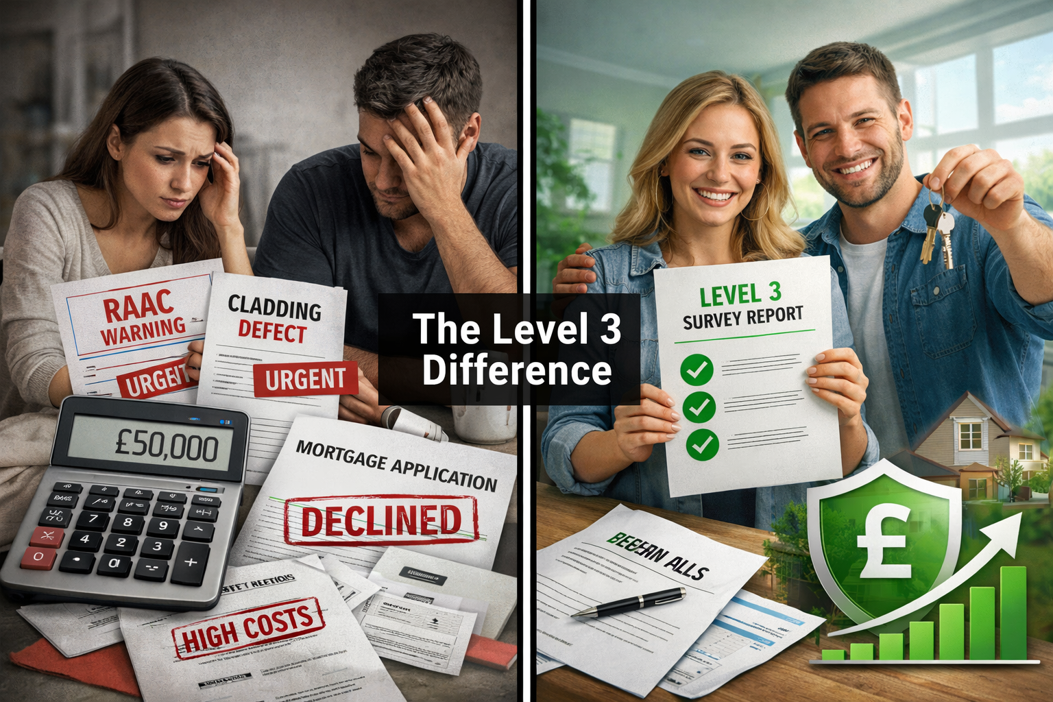 () split-screen comparison image showing two scenarios: left side depicts a distressed first-time buyer couple looking at