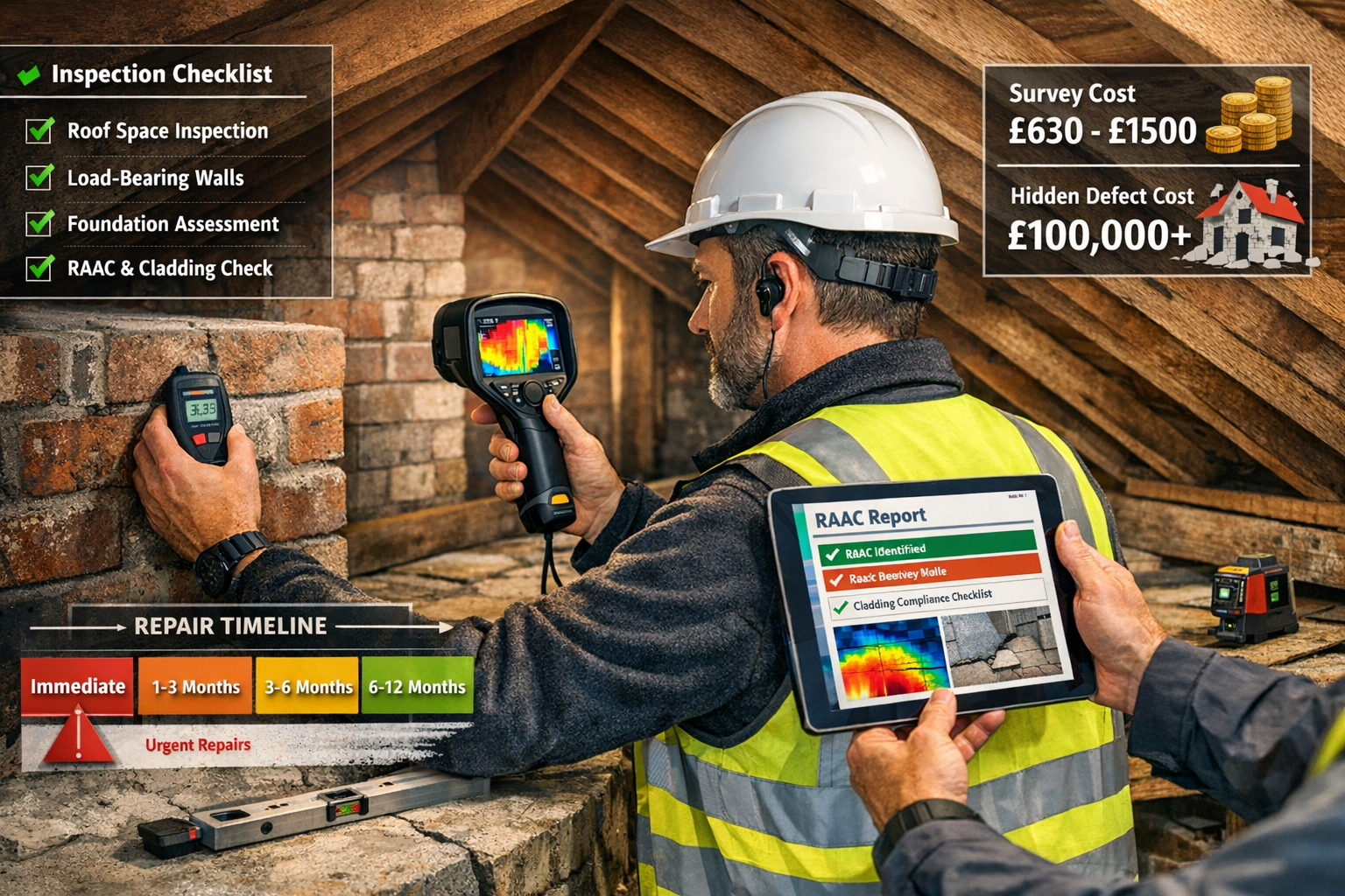 () professional surveyor conducting comprehensive Level 3 building inspection in 2026, wearing safety equipment and using