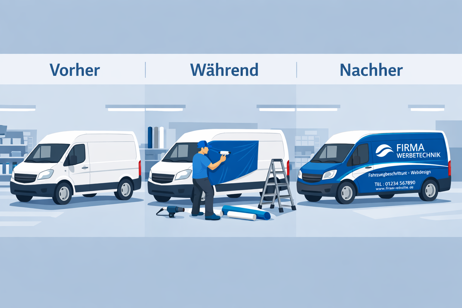 () infographic-style illustration showing three vehicles side by side: a plain white van, a van mid-application with a