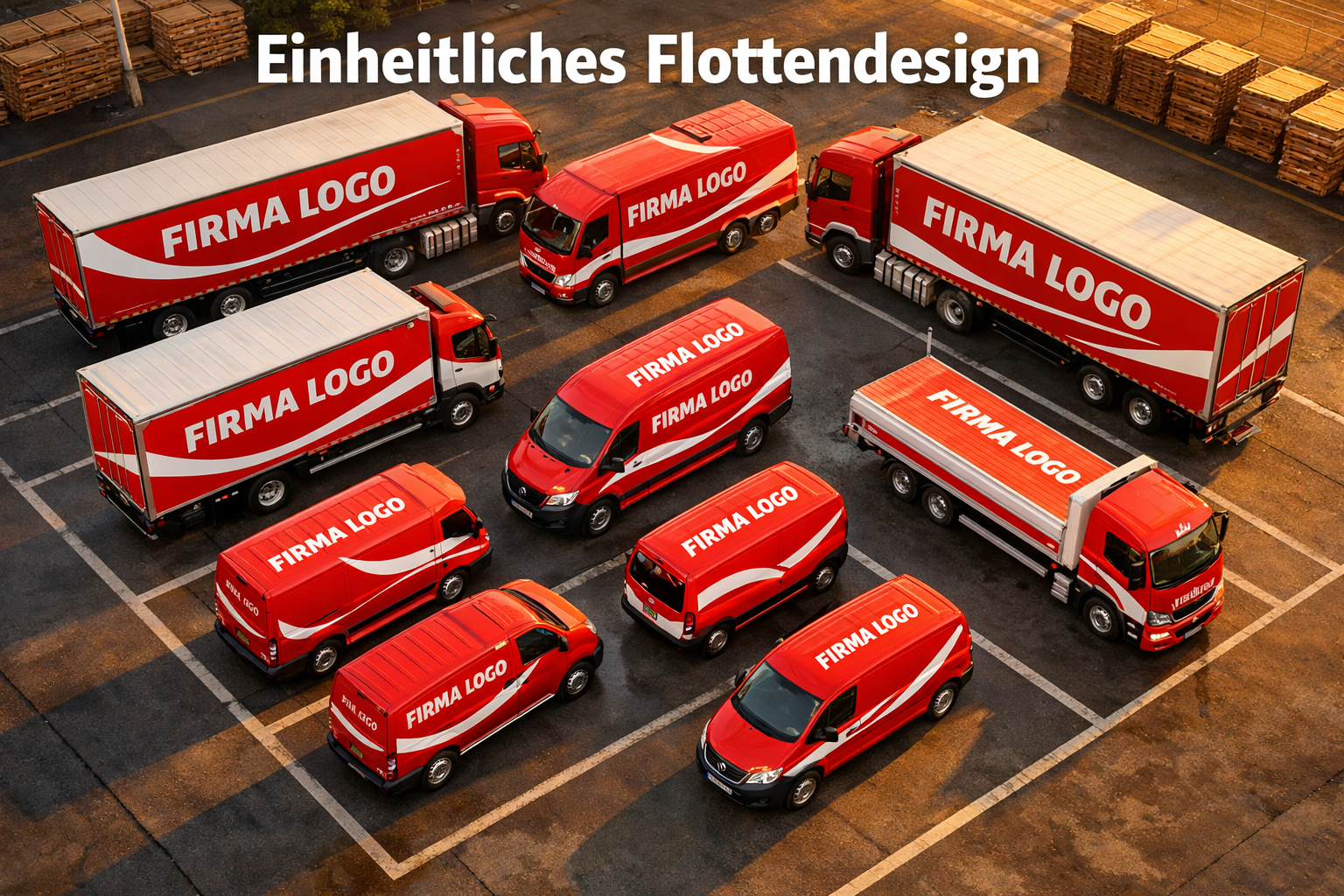 () overhead aerial view of a commercial vehicle fleet parking lot with 8-10 trucks and vans uniformly wrapped in matching