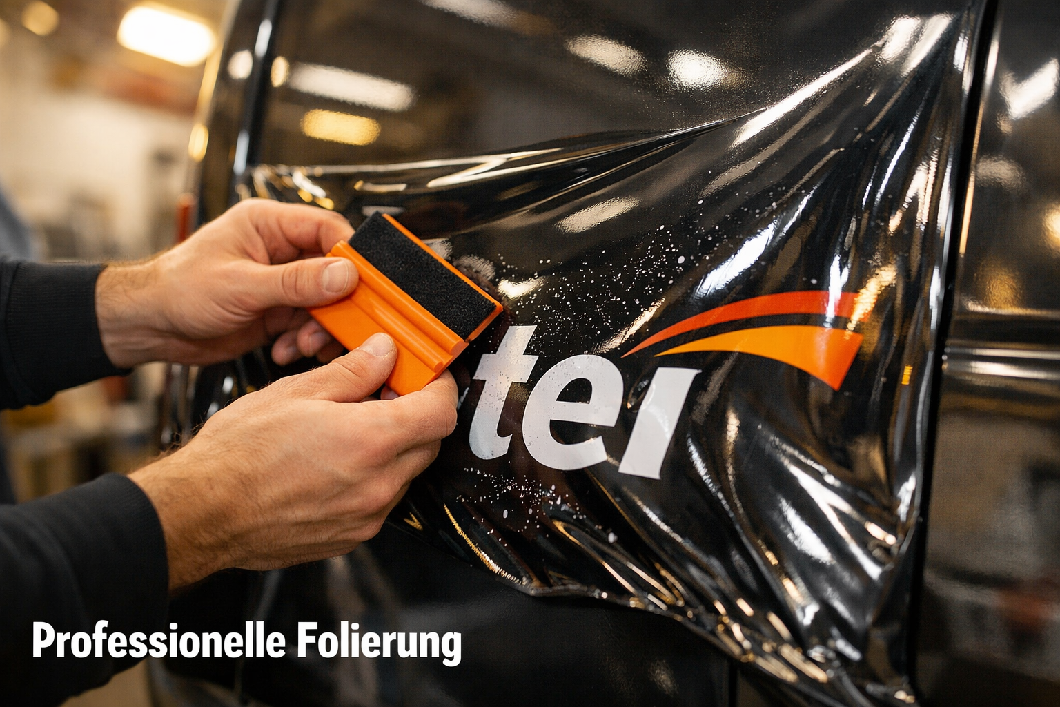 () close-up macro shot of a professional folierer applying a high-gloss vinyl film to a van door panel in a bright workshop.