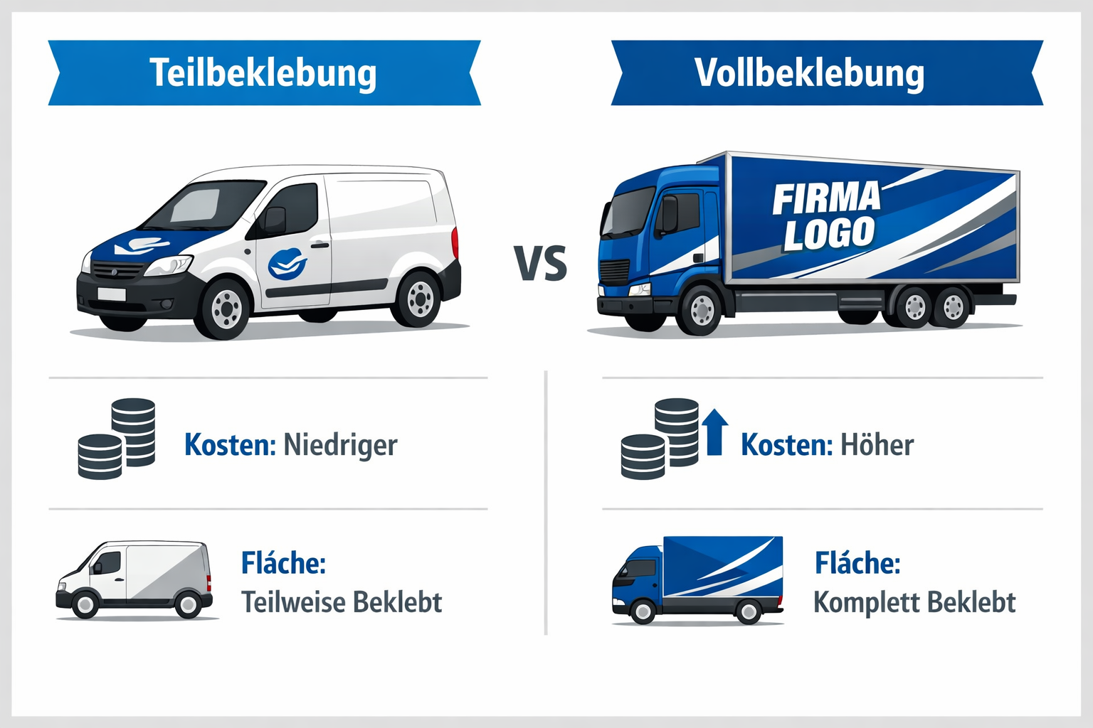() split comparison table graphic showing two columns: left side 'Teilbeklebung' with a van showing only door and hood