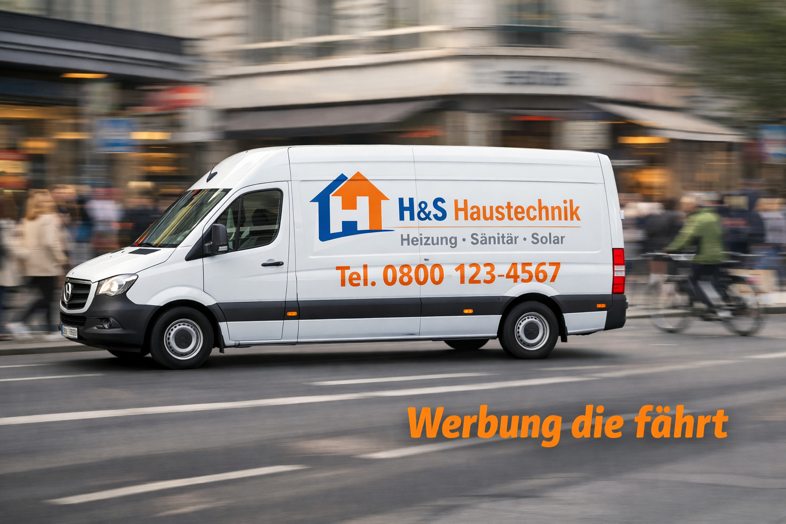 () wide-angle shot of a busy German city street with a branded delivery van driving past pedestrians, company logo and phone