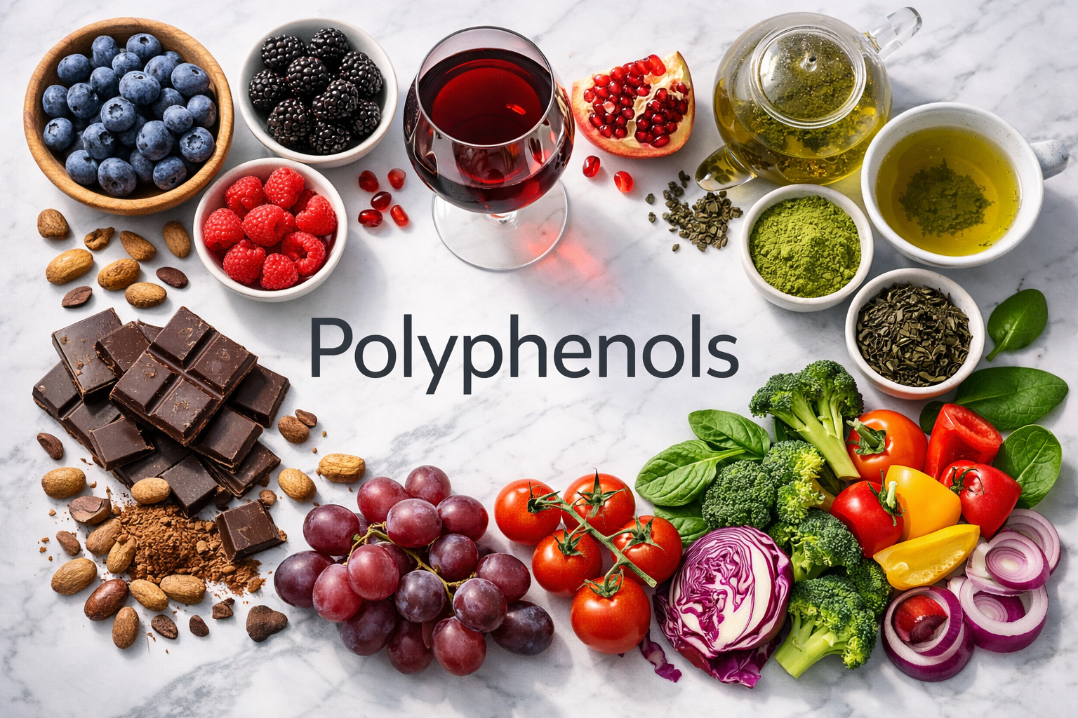 Professional hero image: a vibrant flat-lay of polyphenol-rich foods — dark berries, red wine glass, dark chocolate, green