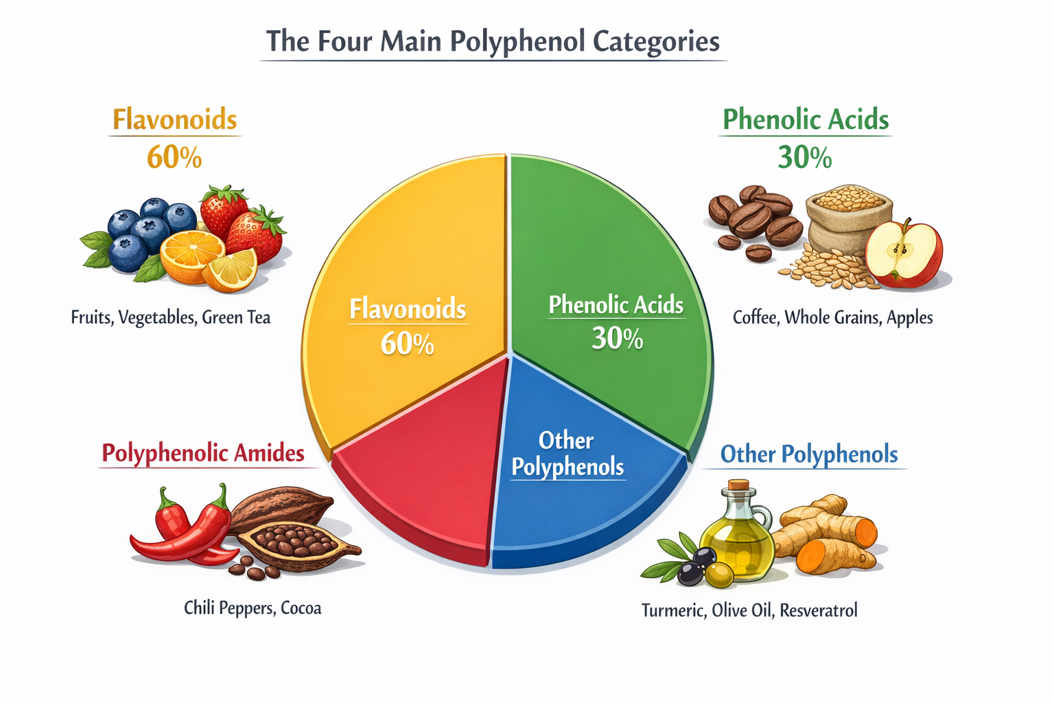 Detailed scientific infographic showing the four main polyphenol categories (Flavonoids 60%, Phenolic Acids 30%,