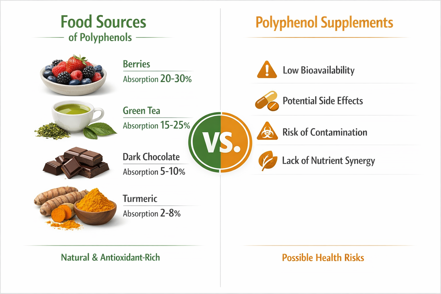 Split-panel infographic comparing 'Food Sources vs. Supplements' for polyphenols: left side shows whole foods with