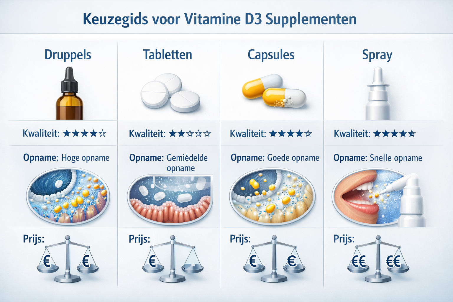 Comparative product selection guide for vitamine D3 supplements. Split-screen layout showing multiple supplement formats: