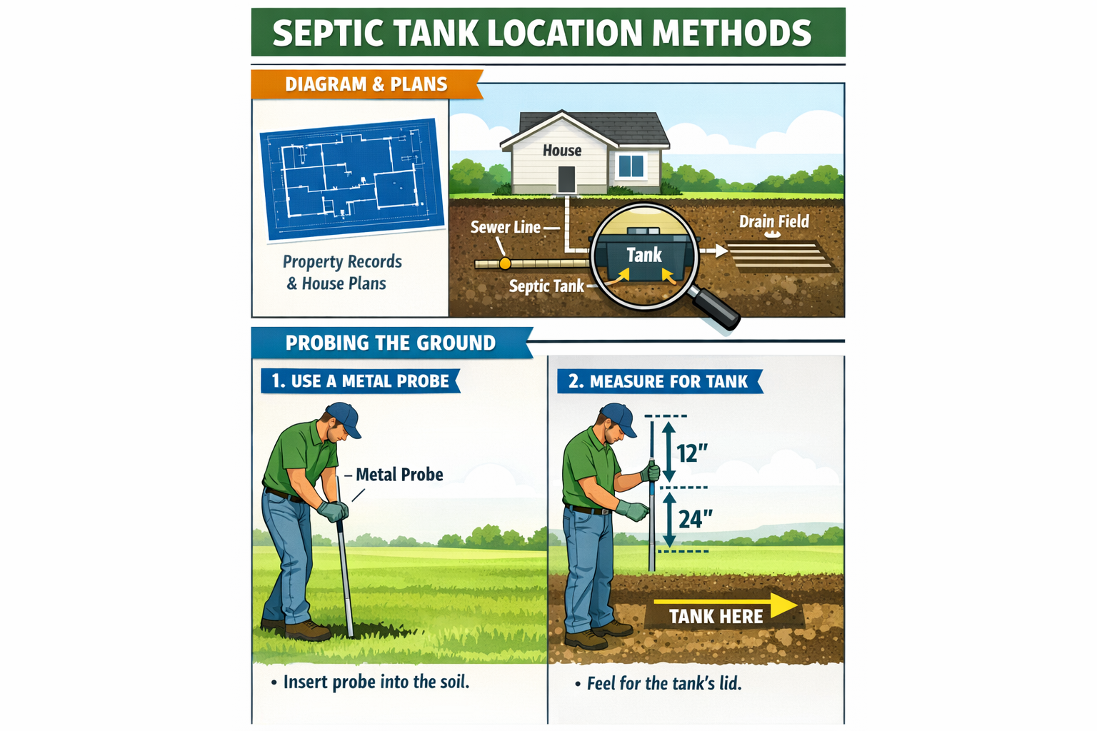 Portrait format (1024x1536) infographic showing septic tank location methods with split-screen layout: top half displays house blueprint wit