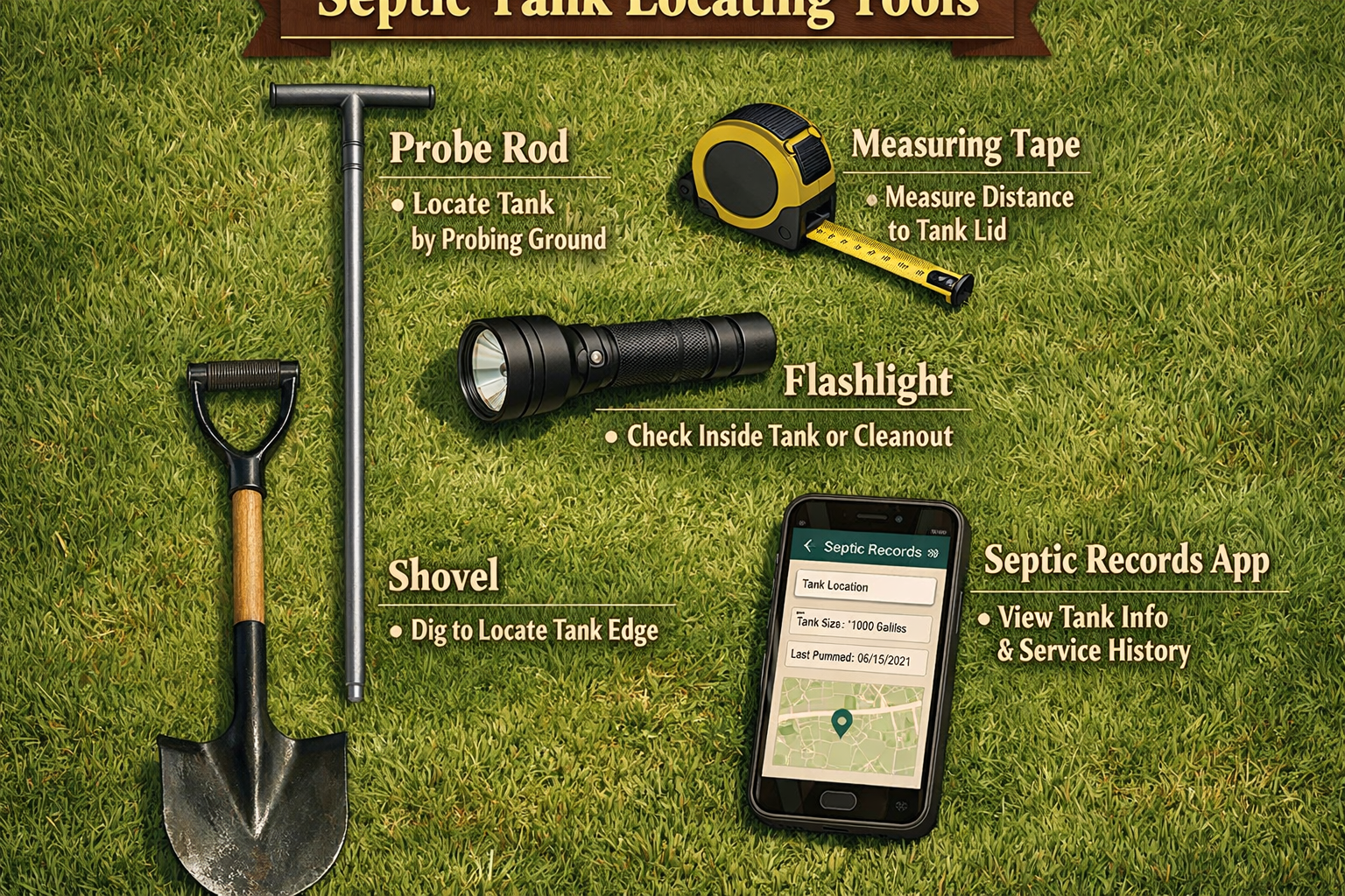 Portrait format (1024x1536) detailed illustration of septic tank locating tools arranged on grass background: metal probe rod, measuring tap
