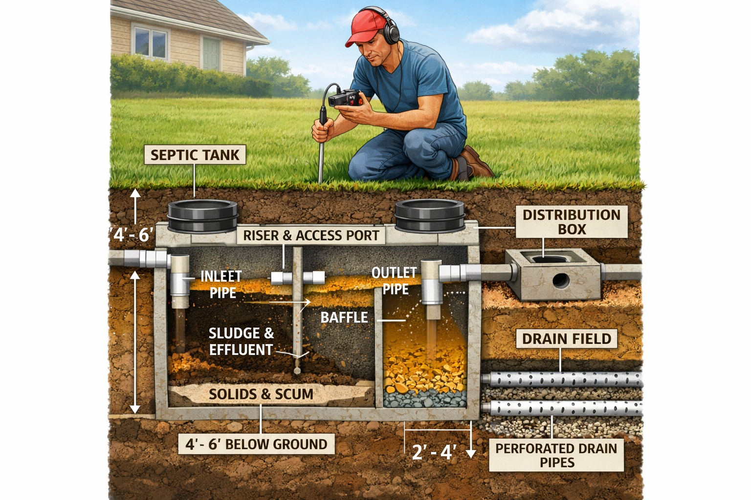 Portrait format (1024x1536) cross-section view of underground septic tank showing access ports, distribution box, and drain field pipes with
