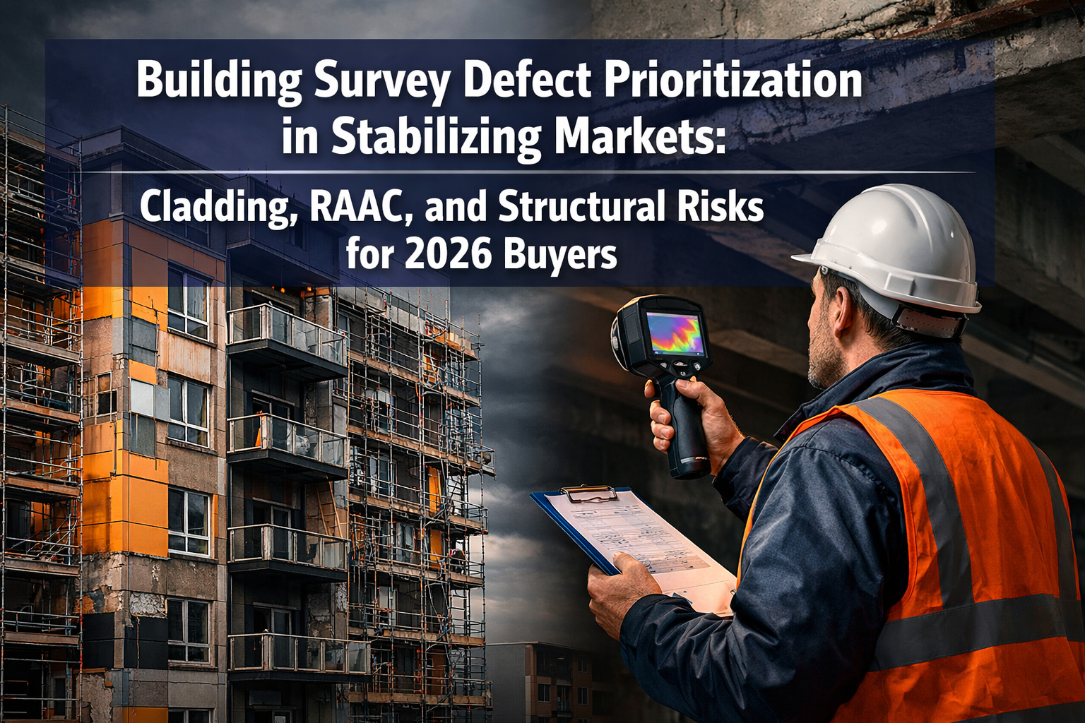 Professional () hero image with 'Building Survey Defect Prioritization in Stabilizing Markets: Cladding, RAAC, and