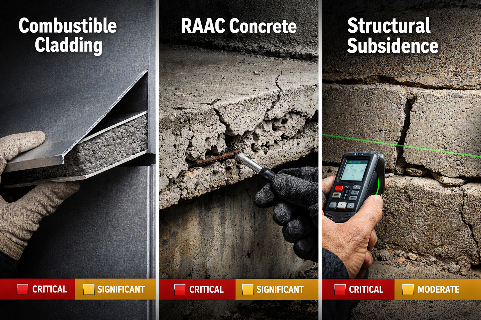 Detailed () editorial photograph showing close-up comparison of three critical building defects: left panel displays