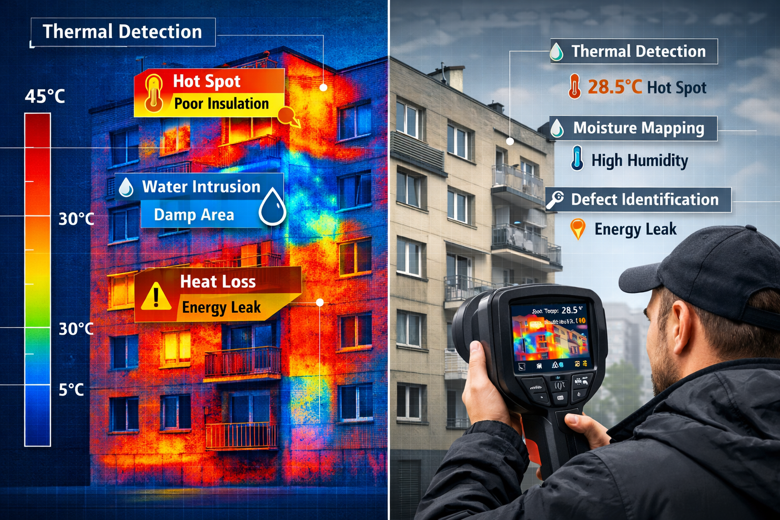 Detailed () infographic-style image showing thermal imaging survey in action on multi-story residential building facade.