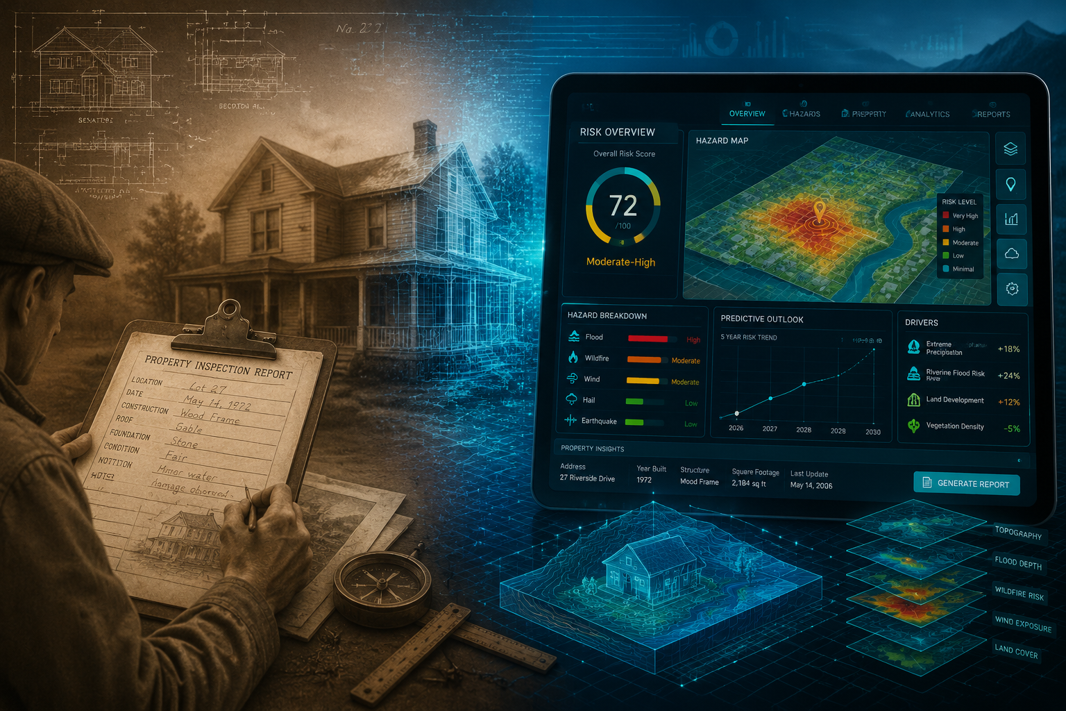 Dynamic visual metaphor representing '2026 Market Communication Standard' with a split-screen landscape showing a