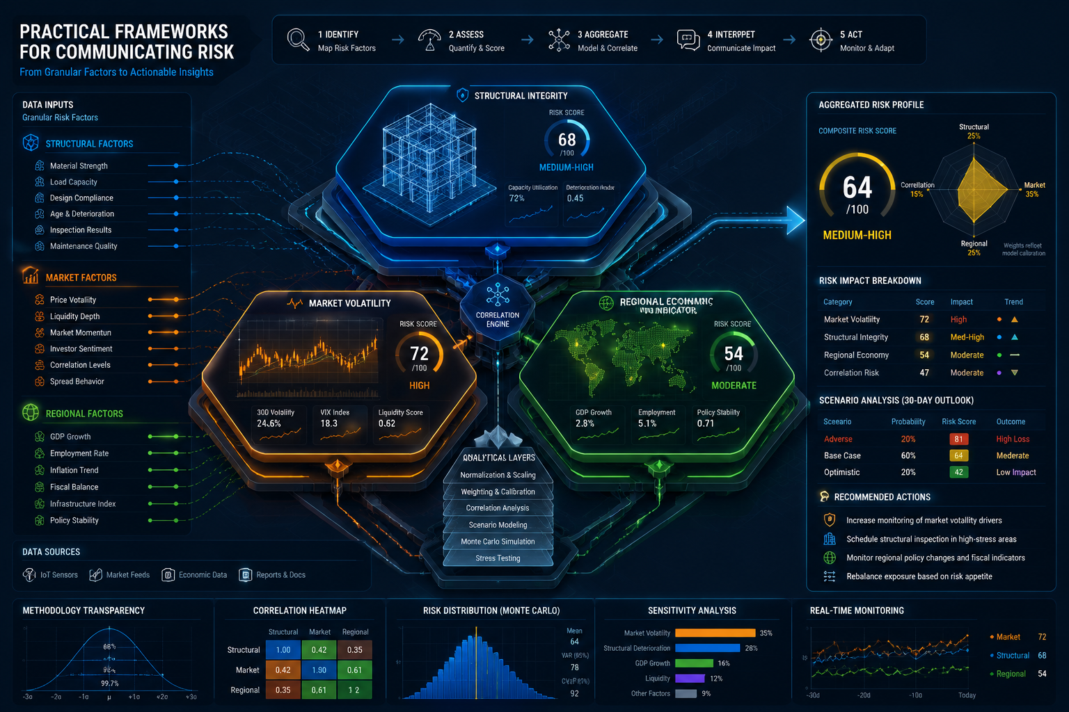 Conceptual illustration demonstrating 'Practical Frameworks for Communicating Risk' with an isometric, layered infographic