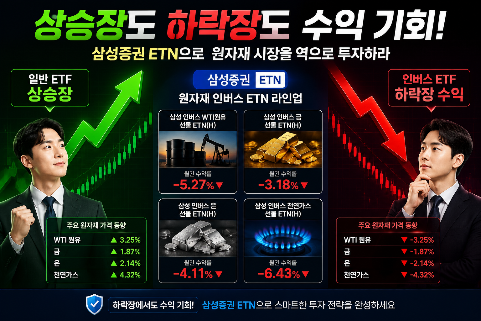 Detailed () showing split-screen comparison infographic: left side displays upward green arrow labeled '일반 ETF 상승장' and