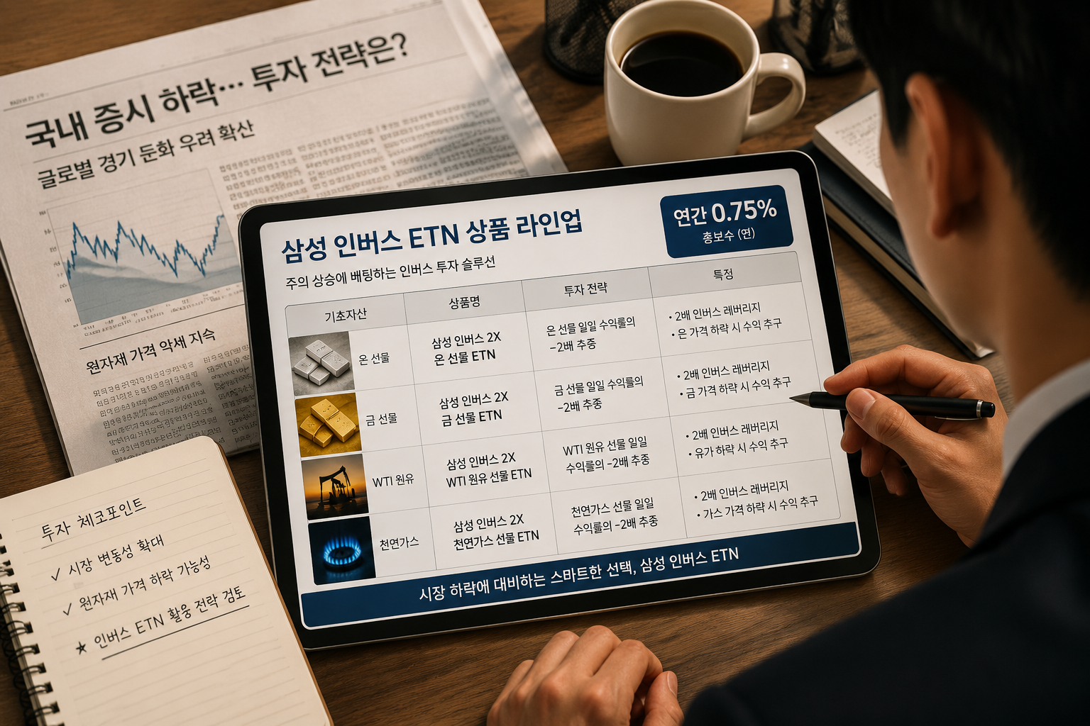 Detailed () depicting a close-up overhead view of a Korean investor's desk with tablet showing Samsung inverse ETN product