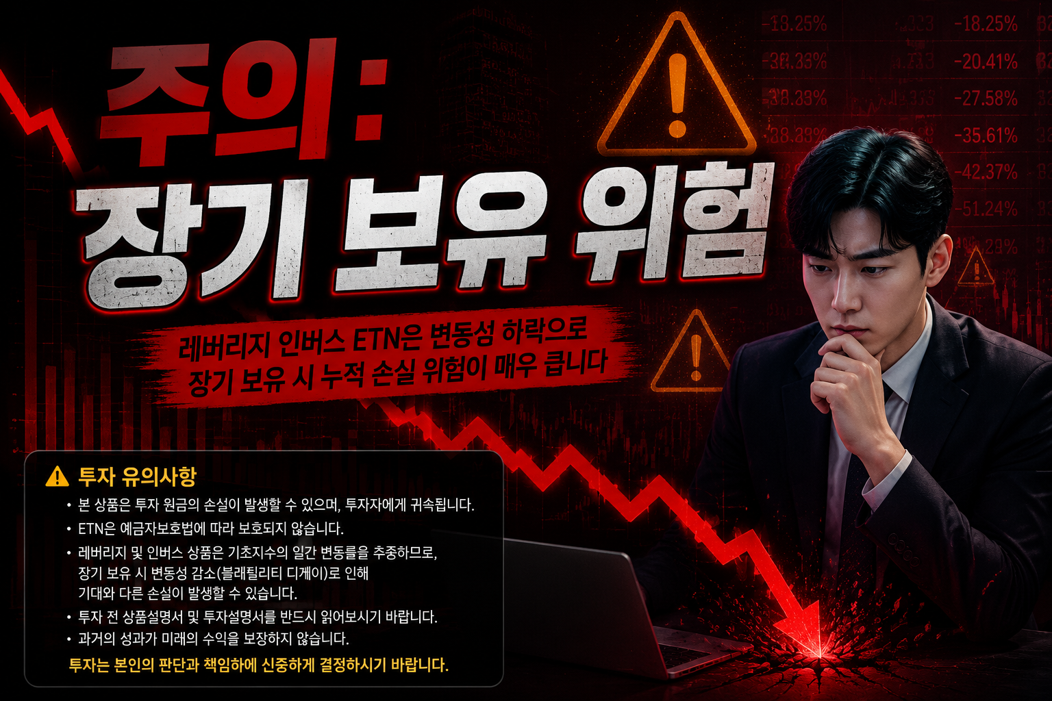 Detailed () showing a dramatic risk warning visual: large Korean text '주의: 장기 보유 위험' overlaid on a steep declining red graph