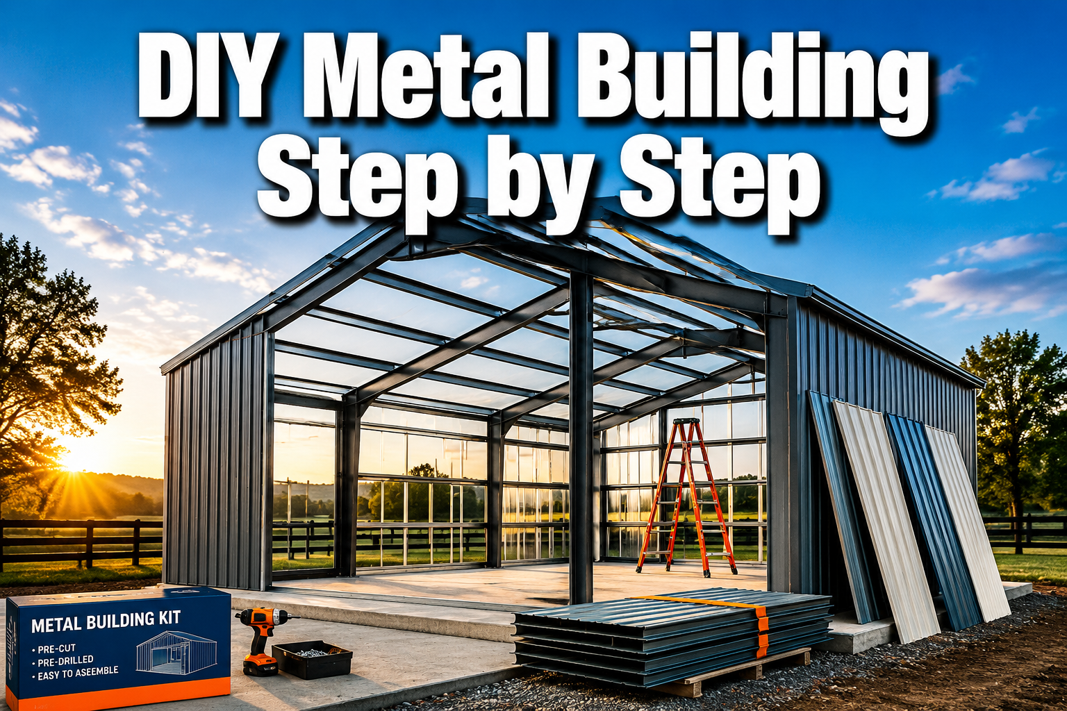Professional () hero image with : 'DIY Metal Building Step by Step' in extra large white with dark drop , centered in upper
