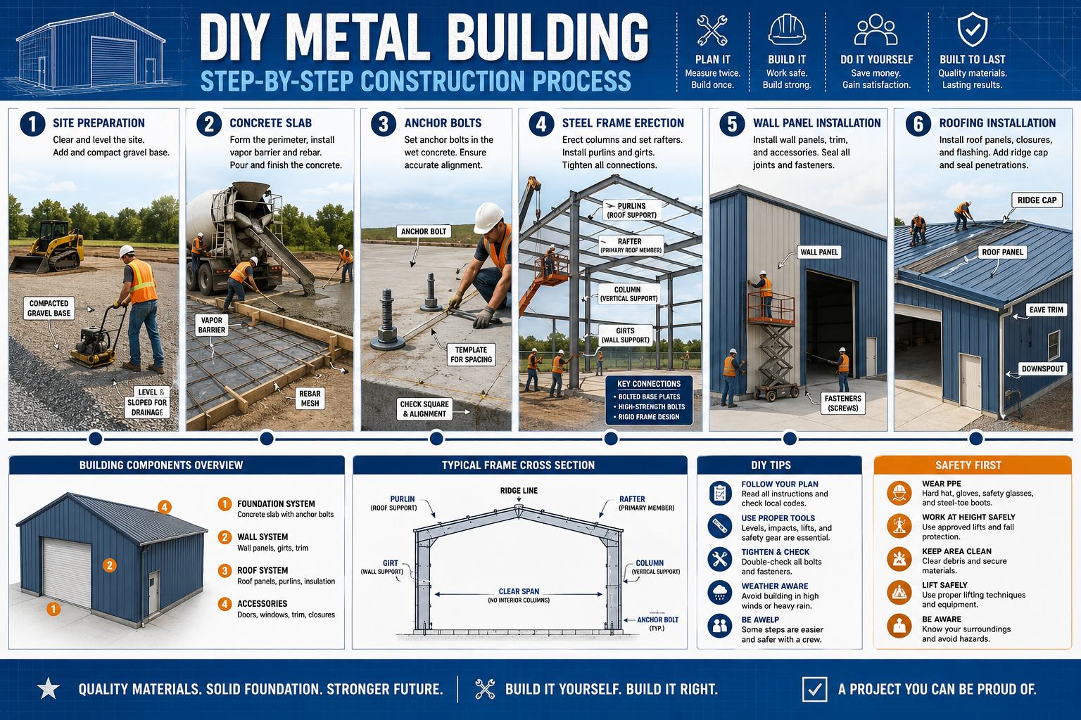 Detailed () instructional infographic-style illustration showing the sequential phases of DIY metal building construction: