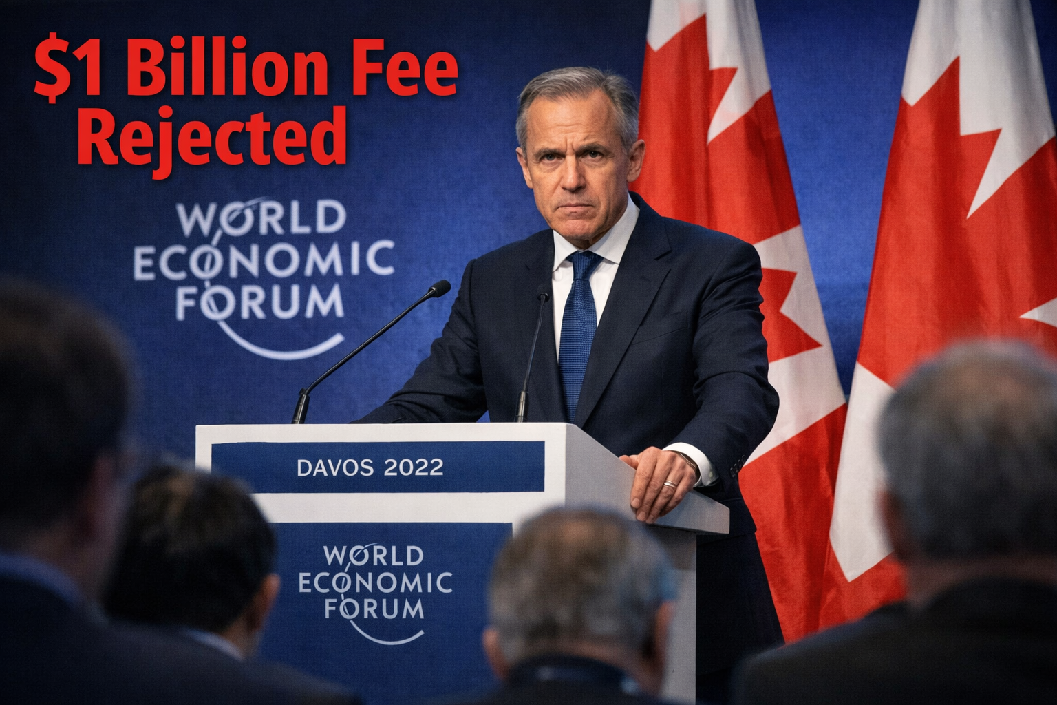 Landscape format (1536x1024) editorial image showing Prime Minister Mark Carney at podium during Davos World Economic Forum speech, serious 
