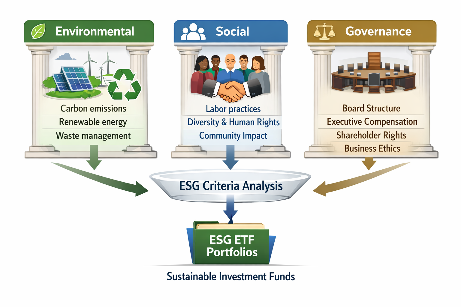 Detailed infographic illustration (1536x1024) showing three distinct pillars labeled Environmental, Social, and Governance with icons and ex