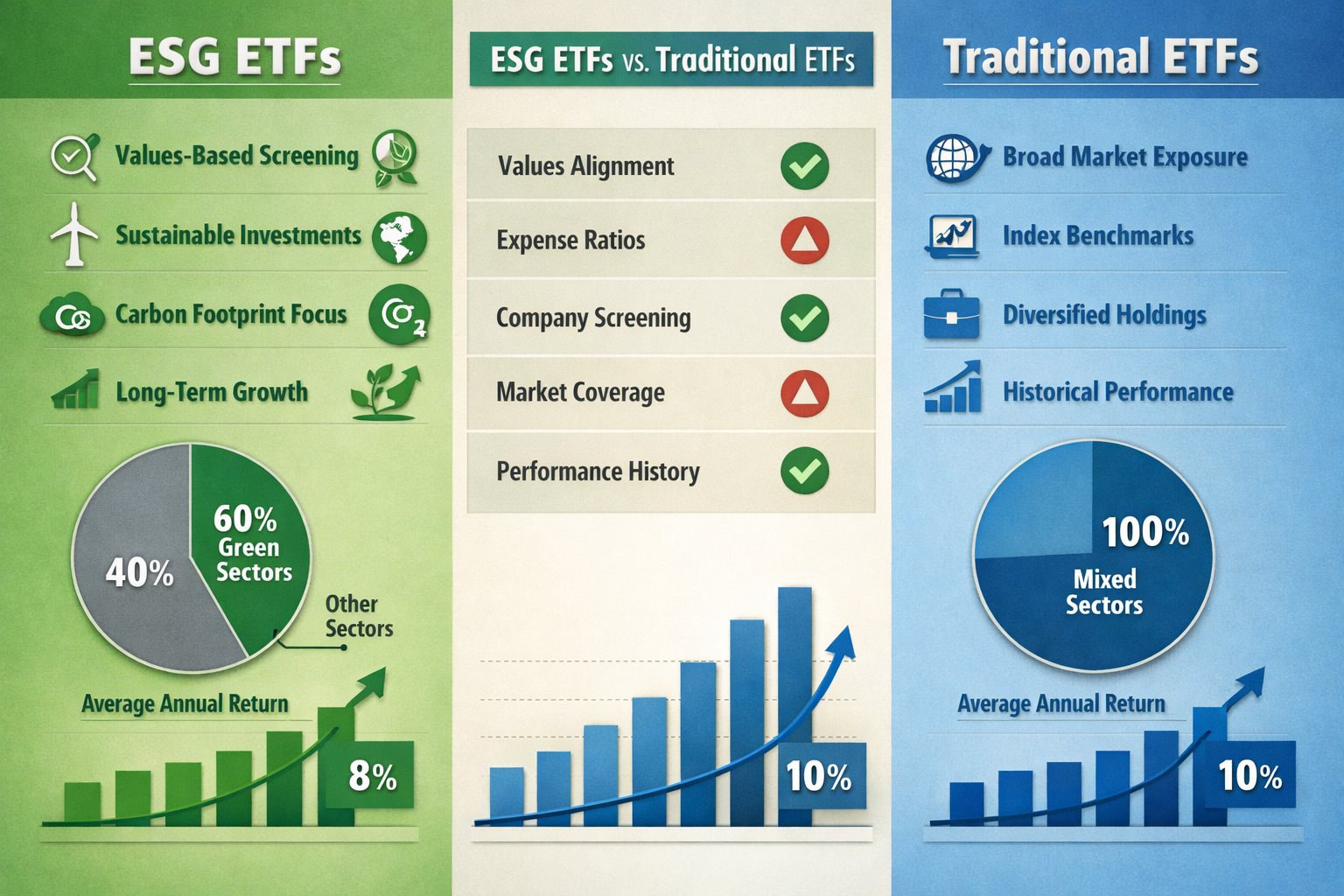 Comprehensive comparison chart (1536x1024) displaying side-by-side analysis of ESG ETFs versus Traditional ETFs. Split-screen design with gr
