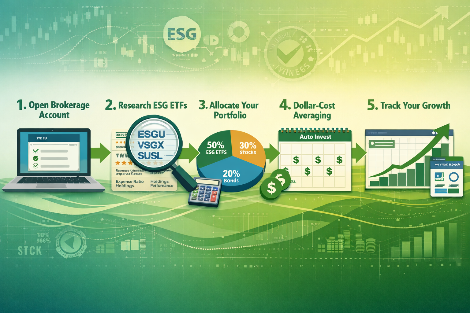 Step-by-step visual guide (1536x1024) illustrating the process of investing in ESG ETFs. Timeline-style infographic flowing left to right wi