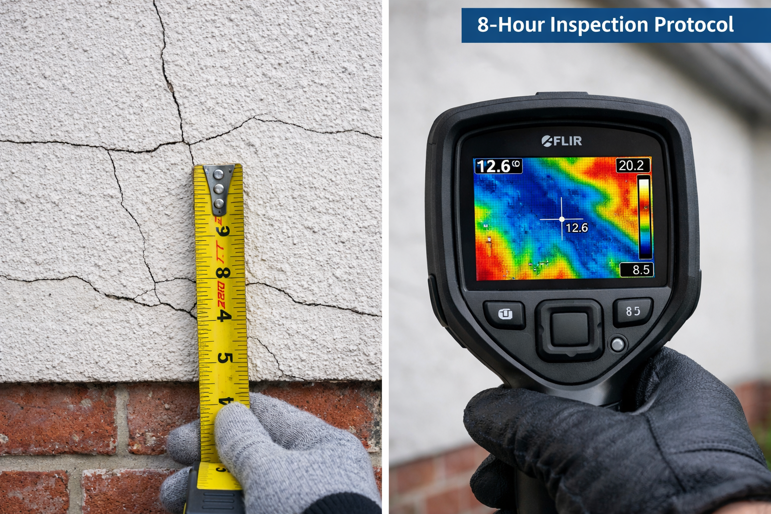 Detailed () editorial image showing close-up split-screen comparison of bungalow defects: left side displays visible surface