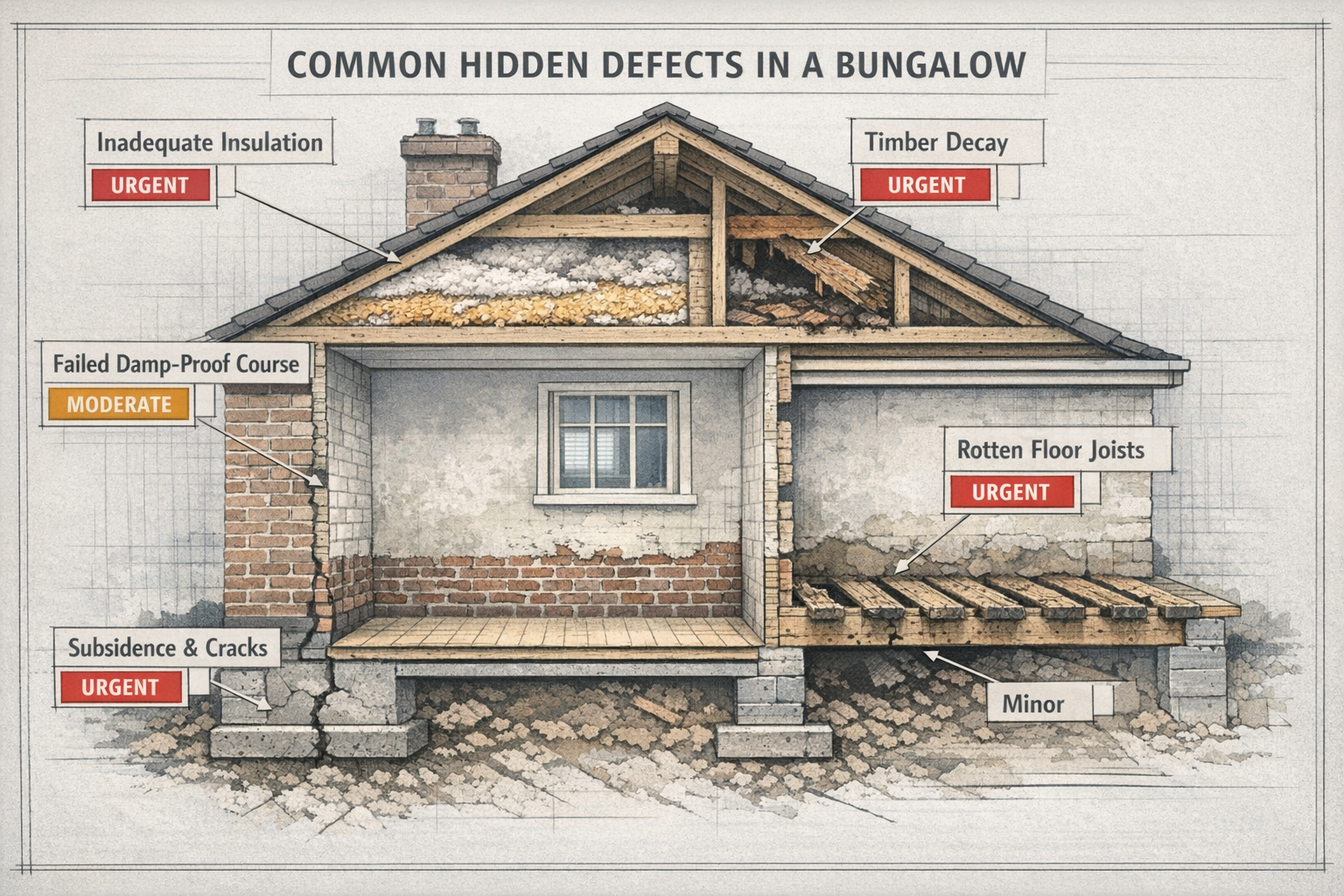 Detailed () infographic-style image showing cross-section cutaway illustration of typical bungalow construction revealing