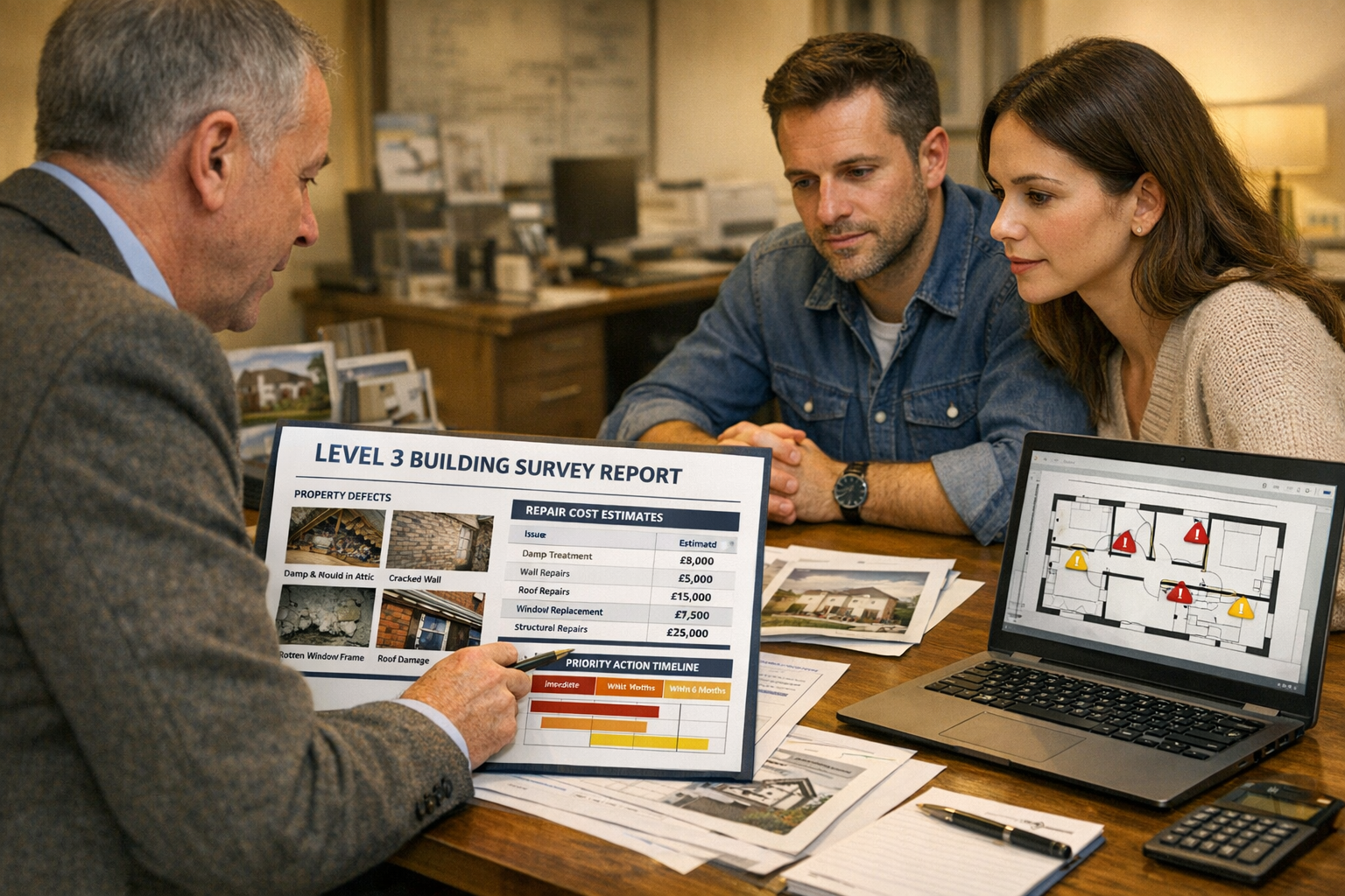 Detailed () professional scene showing surveyor presenting comprehensive Level 3 building survey report to concerned