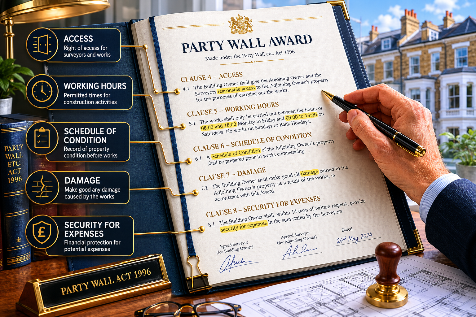 Detailed () infographic-style illustration showing an open Party Wall Award legal document on a mahogany desk, with labeled