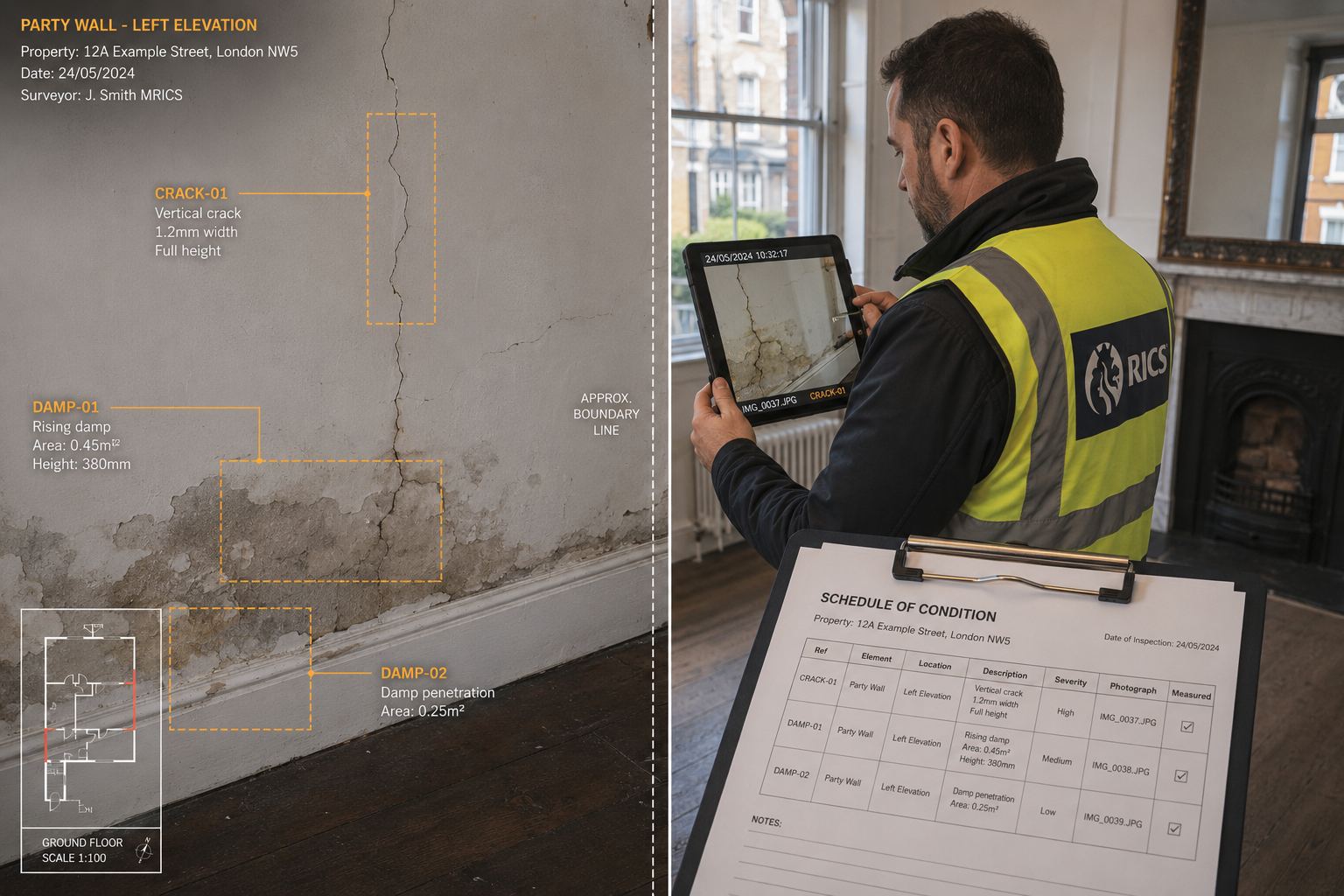 () split-panel visual showing on the left a before-condition photograph of a party wall with annotated cracks and damp