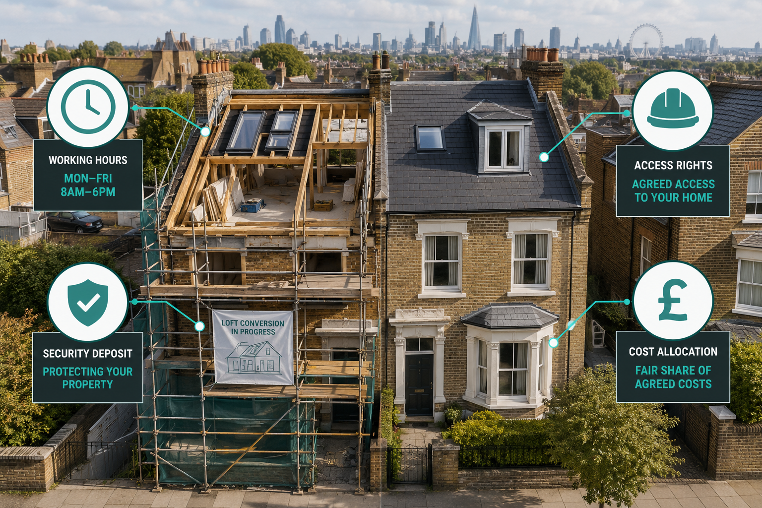 () aerial-perspective illustration of two adjoining London properties mid-construction, showing a loft conversion in