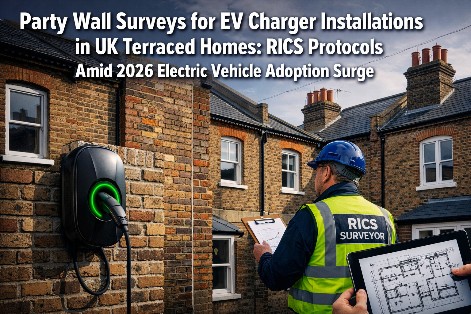 Professional () hero image featuring 'Party Wall Surveys for EV Charger Installations in UK Terraced Homes: RICS Protocols