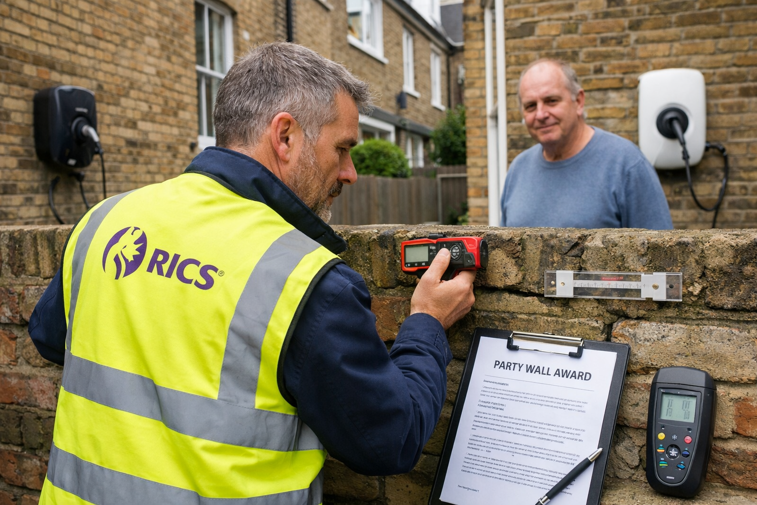 () professional photograph of RICS chartered surveyor conducting detailed inspection at terraced property boundary wall,