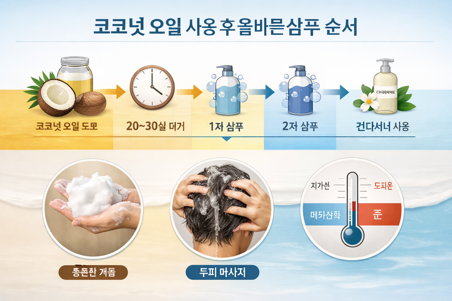 Comprehensive landscape infographic image (1536x1024) displaying shampooing frequency and order after coconut oil treatment. Central timelin