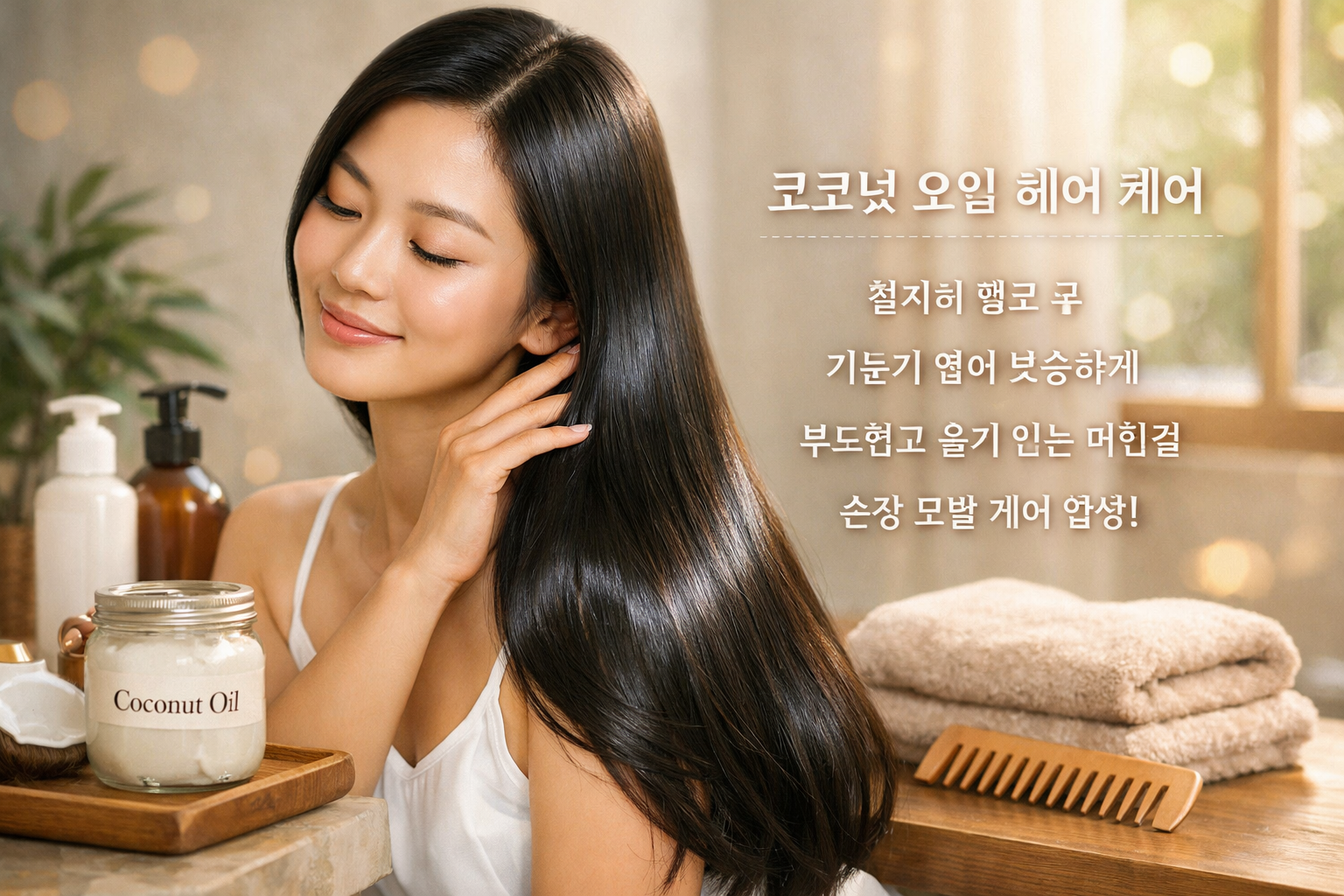 Inspiring landscape lifestyle image (1536x1024) featuring final results of properly rinsed coconut oil hair treatment. Beautiful Asian woman