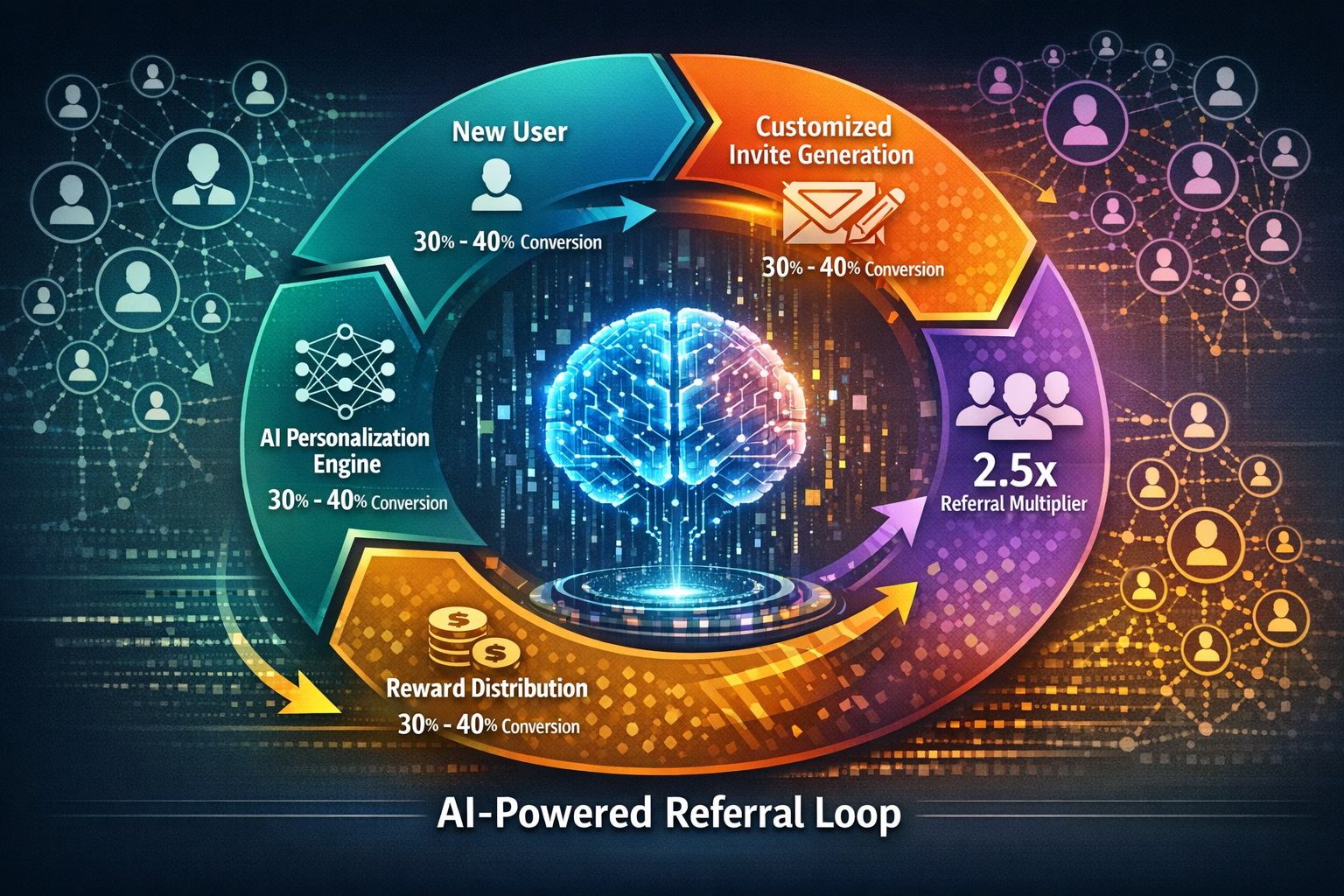 Landscape format (1536x1024) detailed infographic showing AI-powered referral loop mechanics with circular flow diagram, starting with 'New 