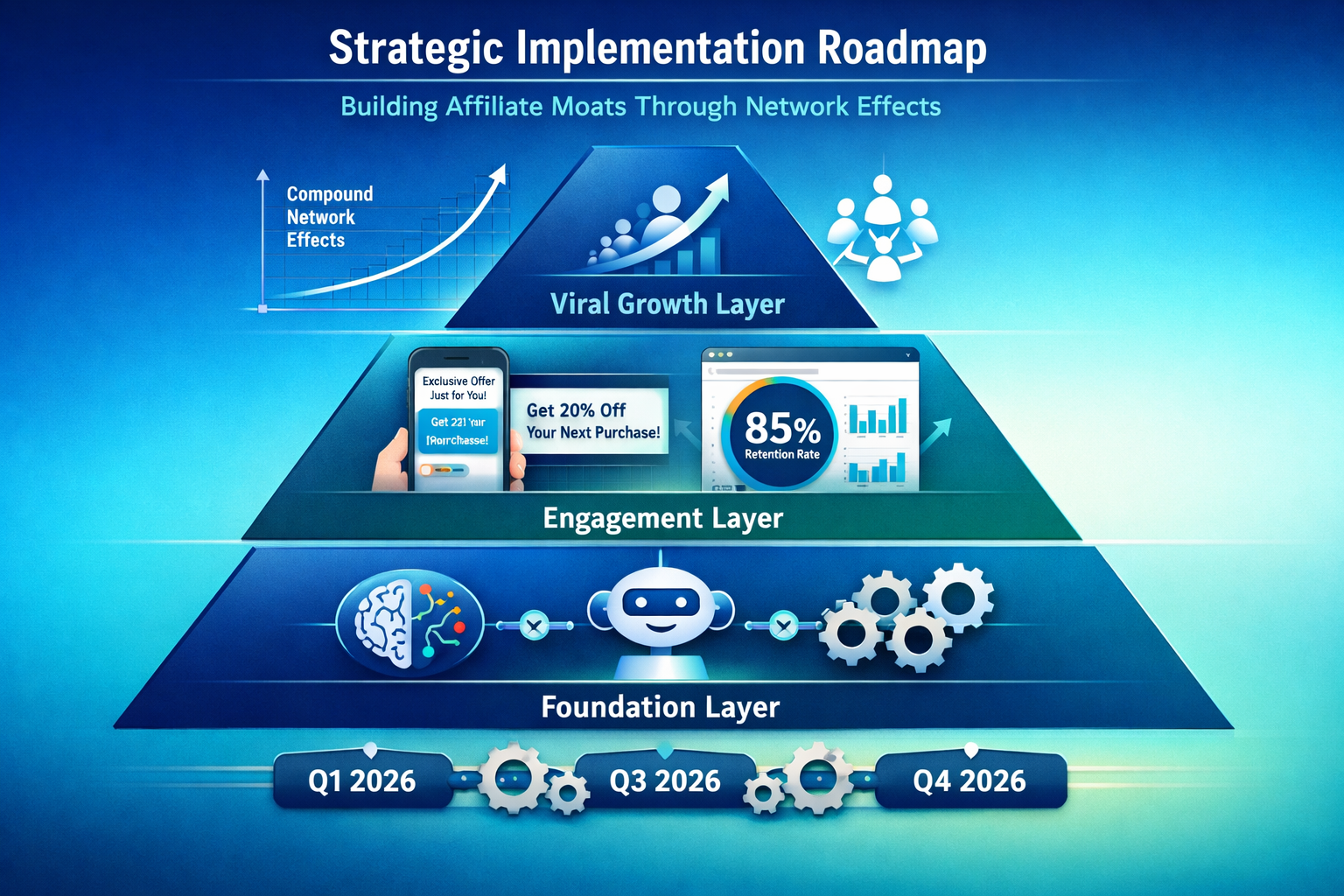 Landscape format (1536x1024) strategic implementation roadmap visualization showing three-tier pyramid structure for building affiliate moat