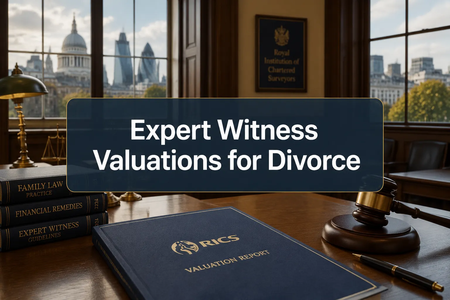 Professional () hero image with (≤42 chars): 'Expert Witness Valuations for Divorce' in crisp white on a deep navy