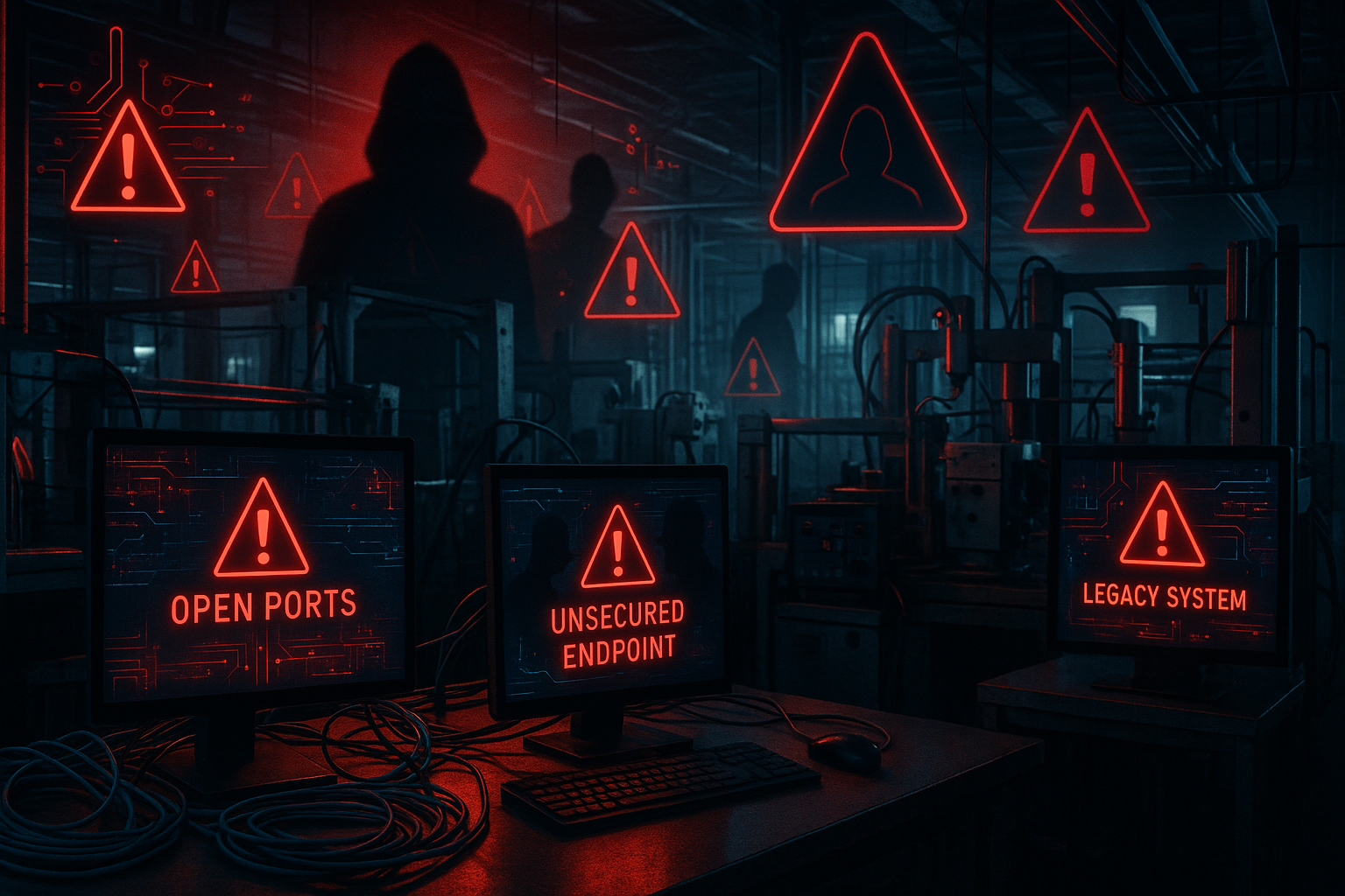 Industrial facility interior showing manufacturing equipment with computer workstations and network cables, overlaid with red warning symbol