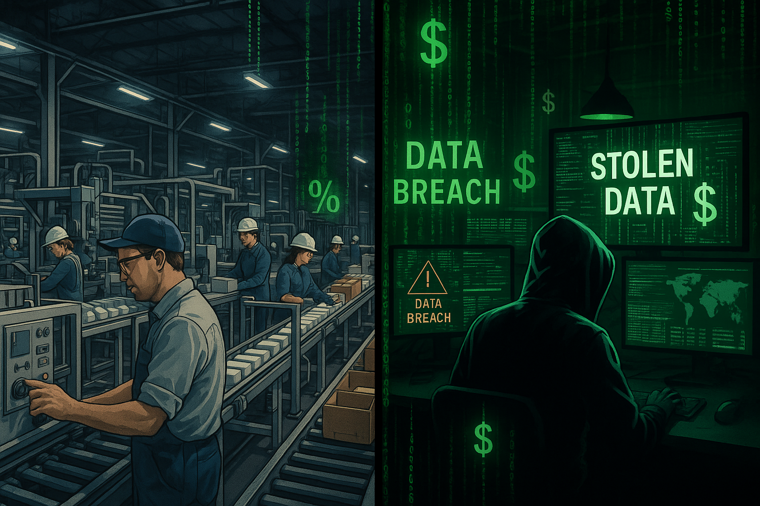Split-screen composition showing manufacturing plant operations on left side with production lines and workers, contrasted with cybercrimina