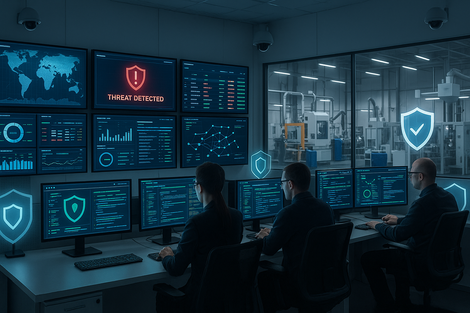 Modern manufacturing security operations center with multiple wall-mounted displays showing network monitoring dashboards, threat detection 