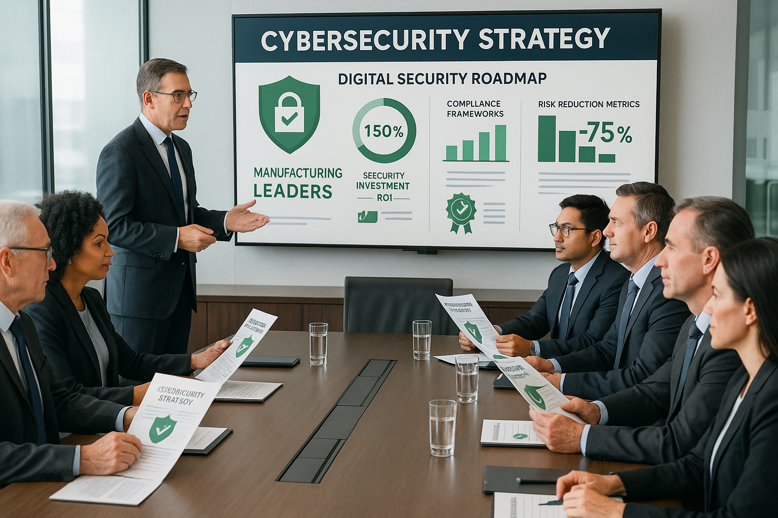 Executive boardroom meeting with manufacturing leaders around conference table reviewing cybersecurity strategy documents and digital securi