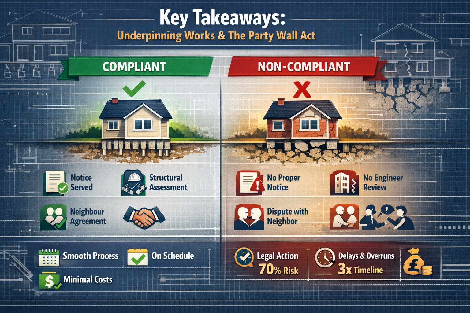 Comprehensive editorial-style infographic for 'Key Takeaways' section, (), featuring architectural blueprint background with