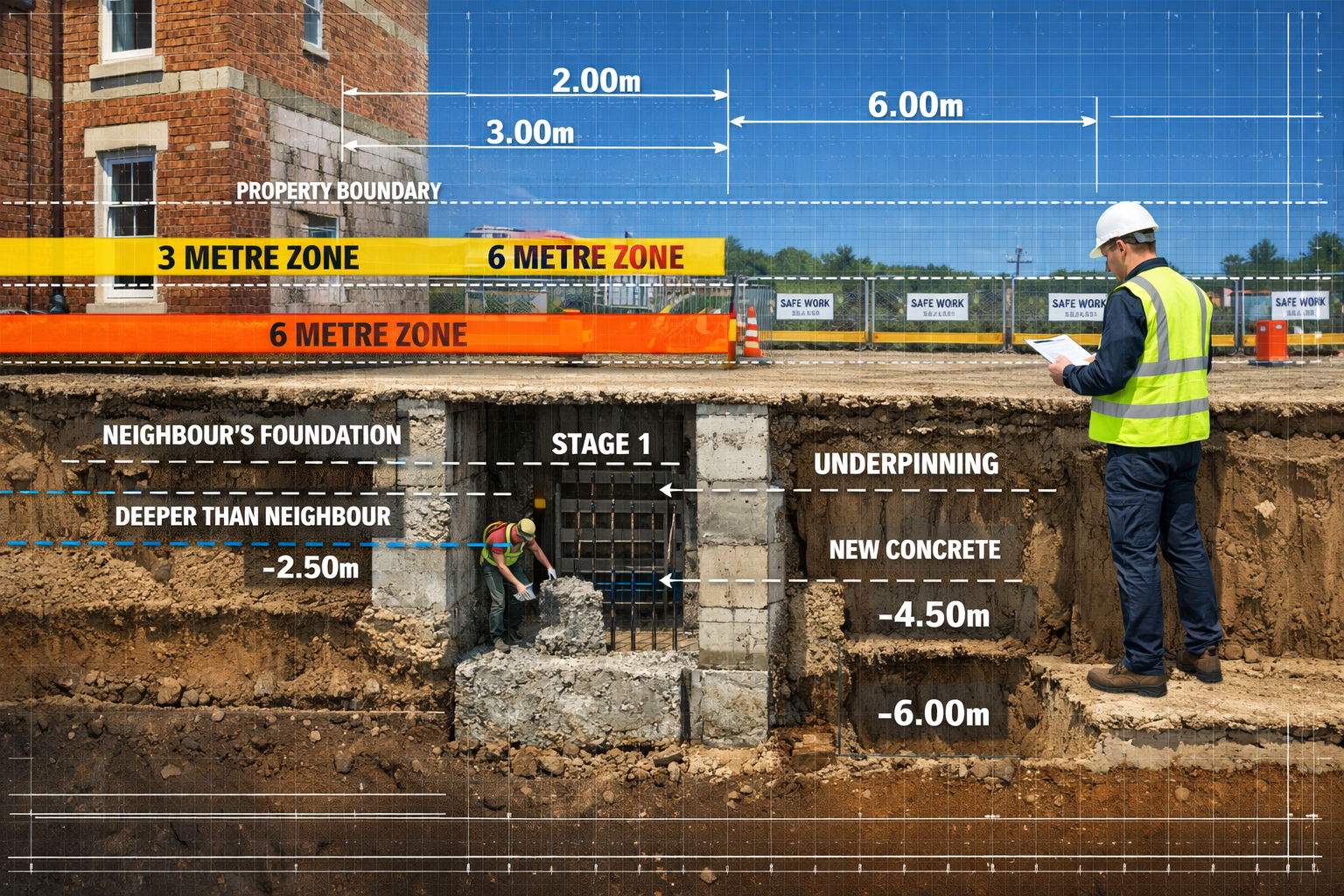 () cutaway architectural visualization showing underground foundation excavation with precise measurement annotations.