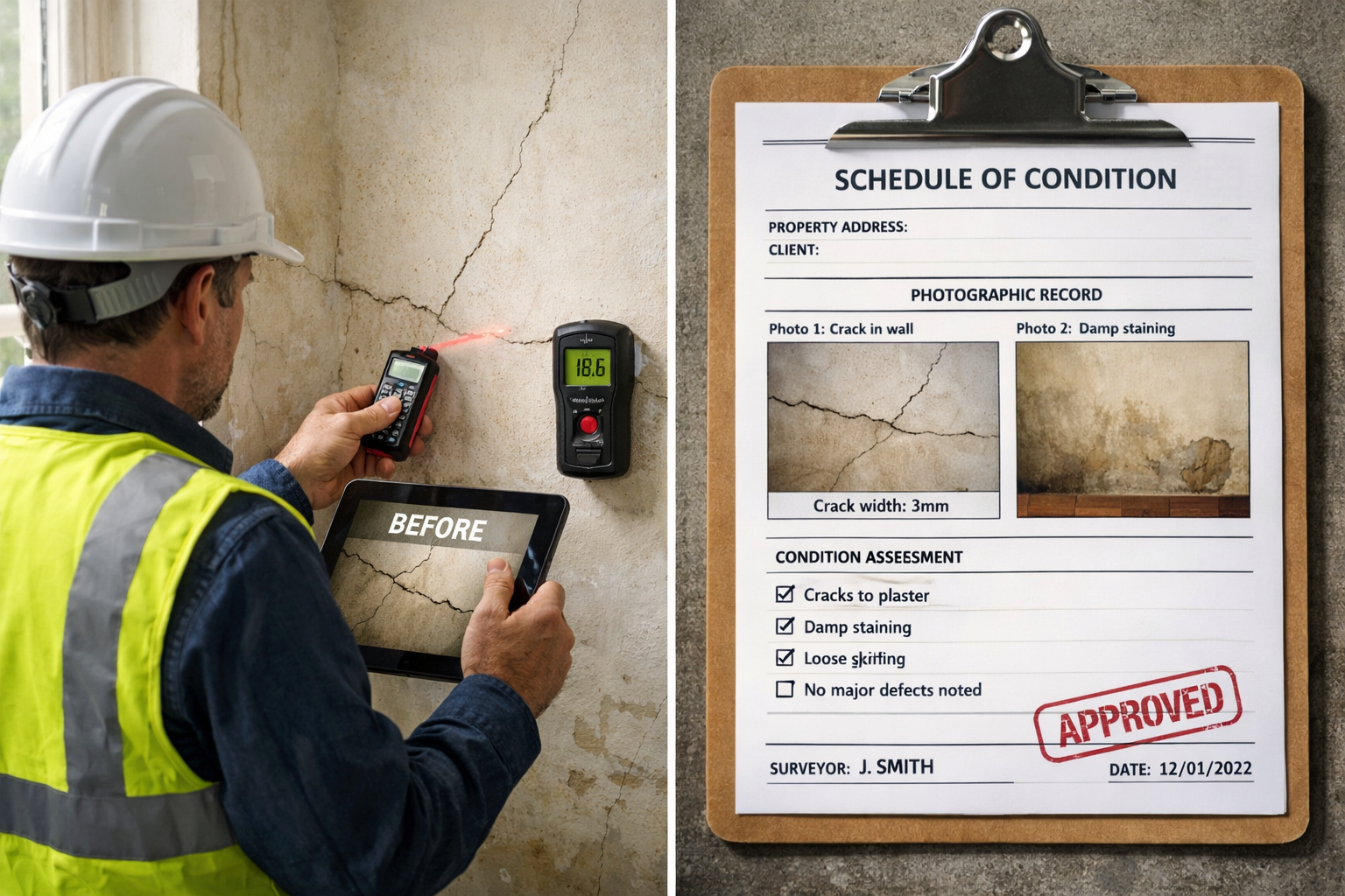 () professional scene showing party wall surveyor conducting pre-construction condition survey inside period property.