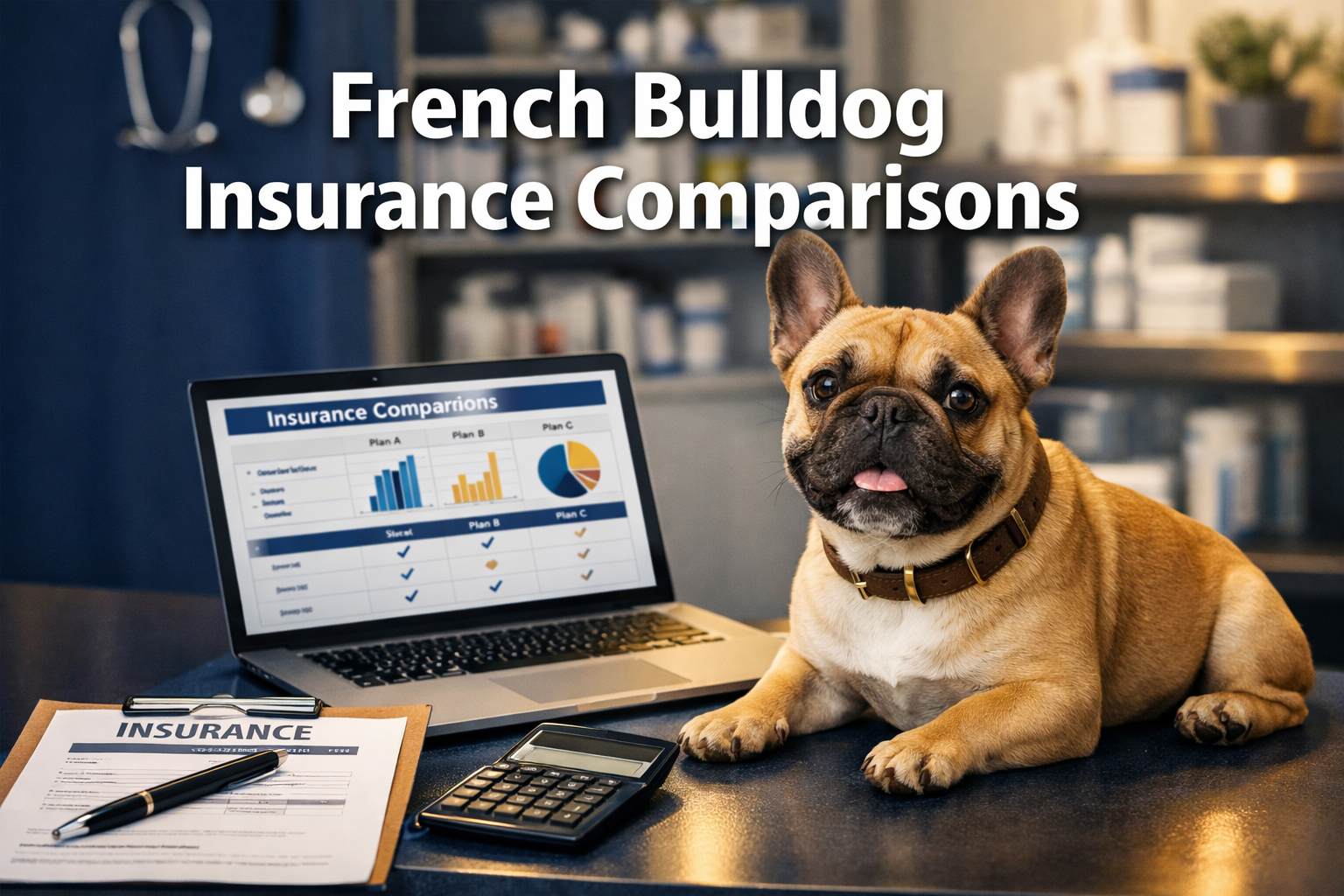 Professional landscape format (1536x1024) hero image with bold text overlay 'French Bulldog Insurance Comparisons' in 72pt white sans-serif 