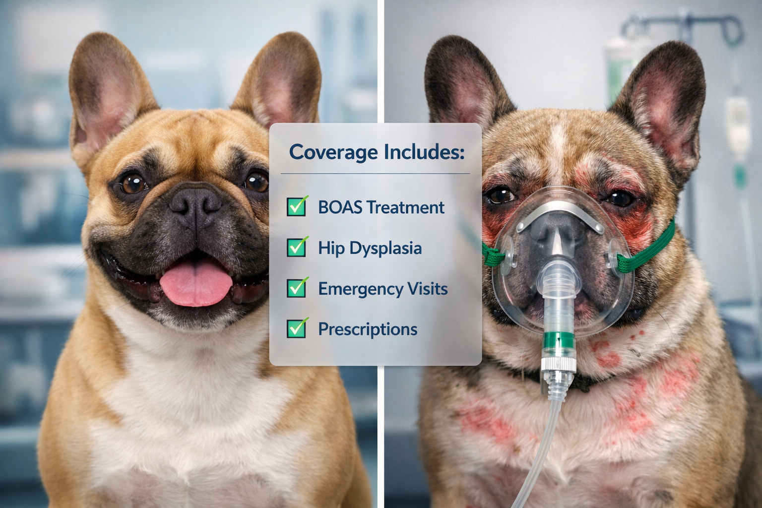 Detailed portrait format (1024x1536) split-screen comparison showing healthy French Bulldog on left versus same dog with common health condi